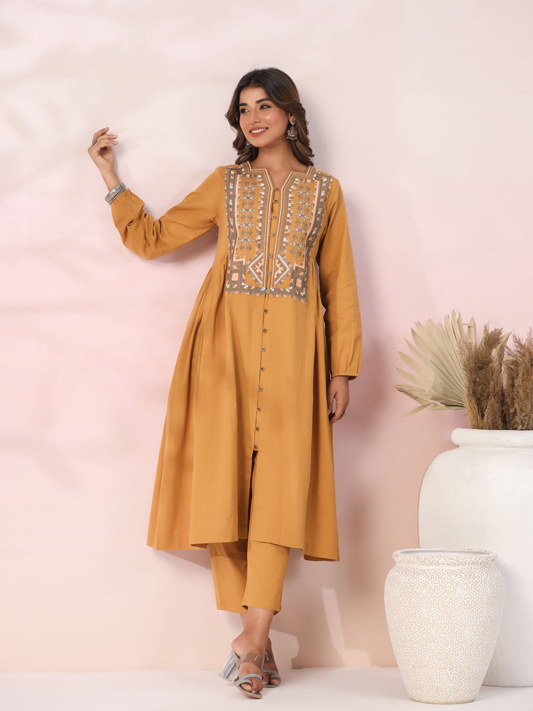 Ethnic Tribal Embroidered A-Line Pleated Co-ord Set - Mustard