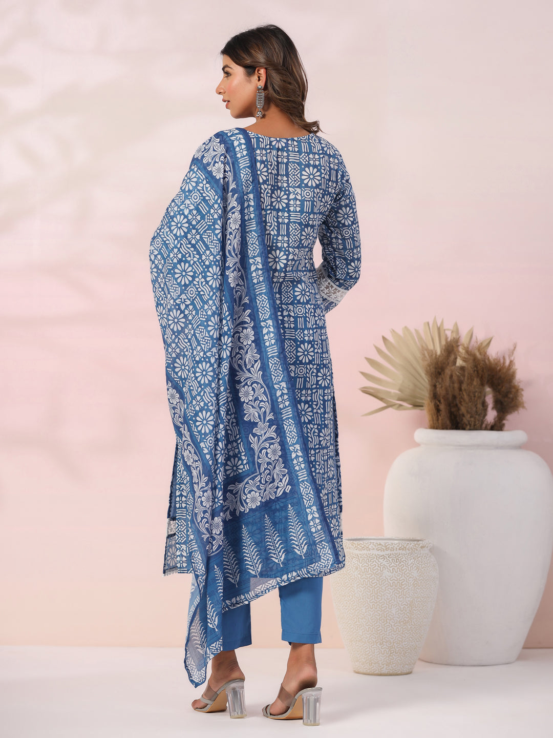 Multi Printed Schiffili Embroidered Lace Work Kurta with Pants & Dupatta - Blue