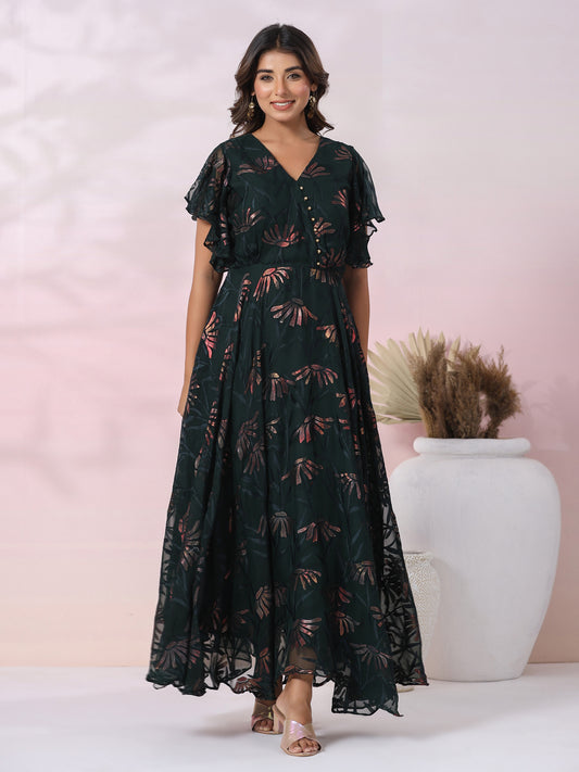 Floral Printed Flared A-line Maxi Dress - Green