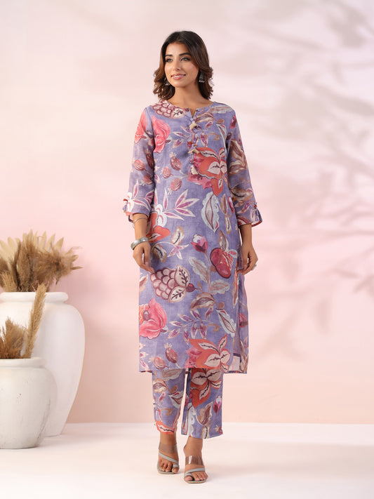 Floral Printed Fringed Taseled Kurta with Pants Co-ord Set - Purple