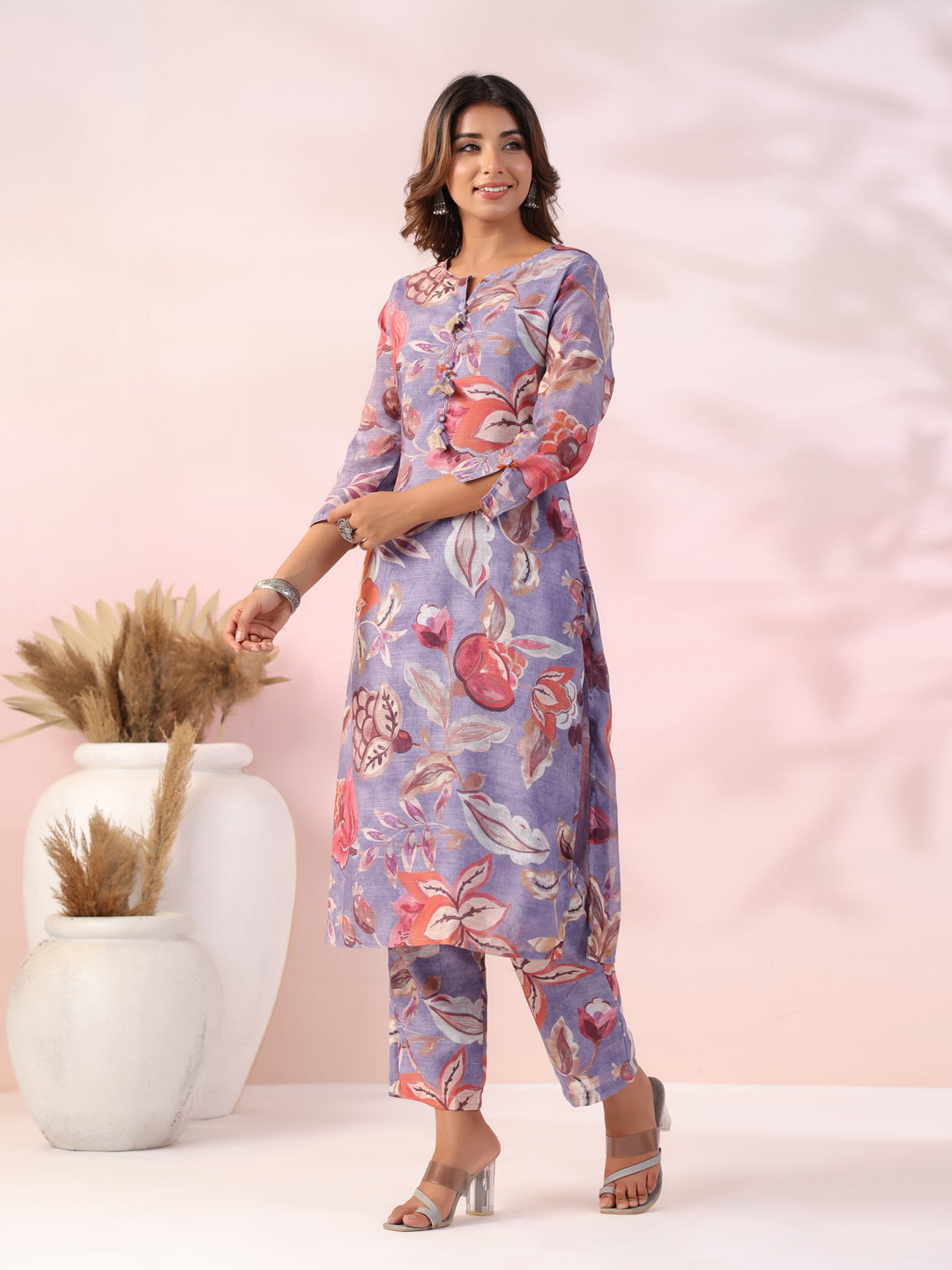 Floral Printed Fringed Taseled Kurta with Pants Co-ord Set - Purple