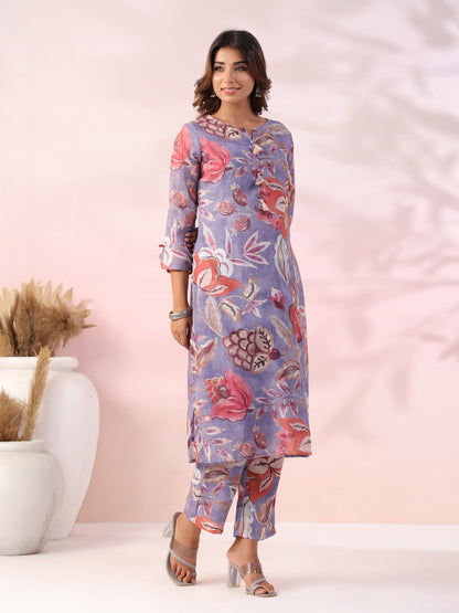 Floral Printed Fringed Taseled Kurta with Pants Co-ord Set - Purple