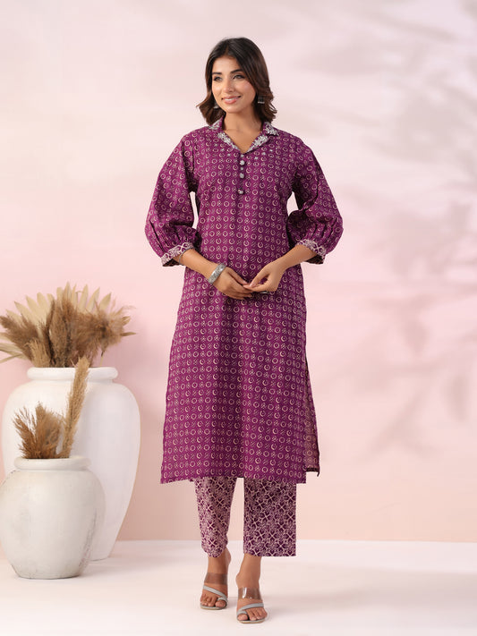 Ethnic Printed & Zari Embroidered Straight Kurta with Pant - Purple