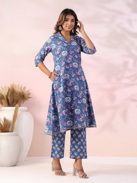 Floral Printed Zari Lace Embellished A-line Kurta with Pants Co-ord Set - Blue