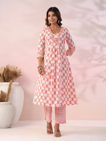 Ethnic Printed Mirror Embroidered Pleated A-line Kurta with Pants - White & Orange