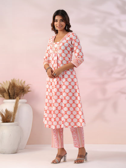 Ethnic Printed Mirror Embroidered Pleated A-line Kurta with Pants - White & Orange