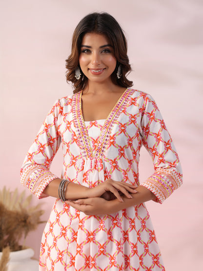 Ethnic Printed Mirror Embroidered Pleated A-line Kurta with Pants - White & Orange