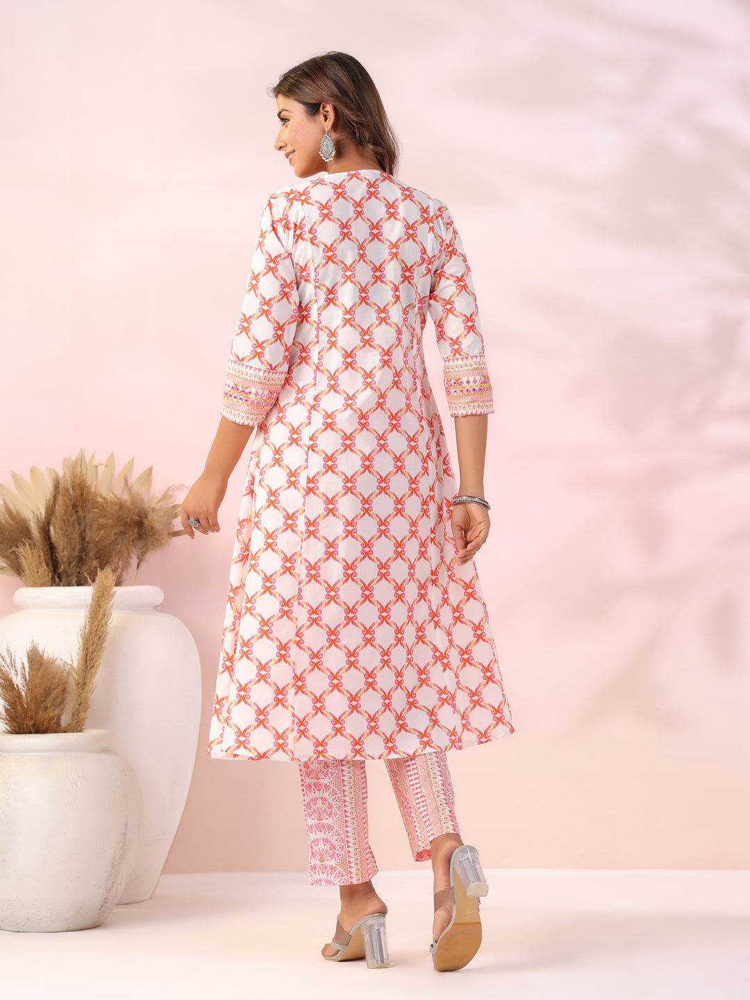 Ethnic Printed Mirror Embroidered Pleated A-line Kurta with Pants - White & Orange