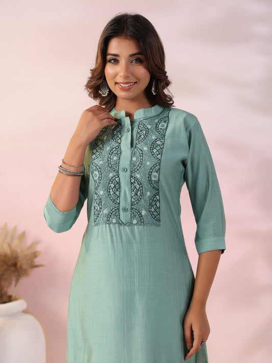 Solid Resham & Sequins Embroidered Kurta with Embroidered Pants - Green