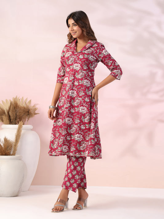 Floral Printed Zari Lace Embellished A-line Kurta with Pants Co-ord Set - Magenta