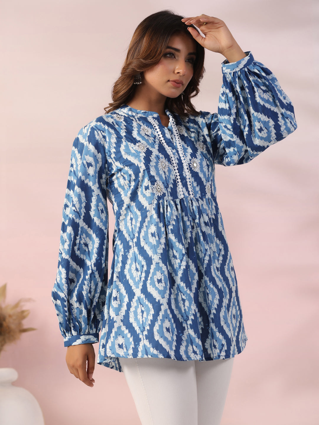 Ethnic Chevron Printed & Embroidered A-Line Pleated Kurti - Blue