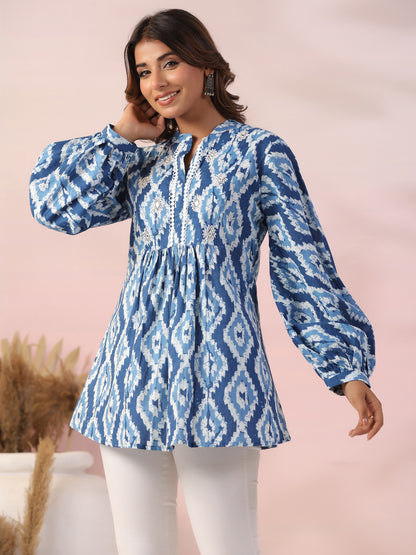 Ethnic Chevron Printed & Embroidered A-Line Pleated Kurti - Blue