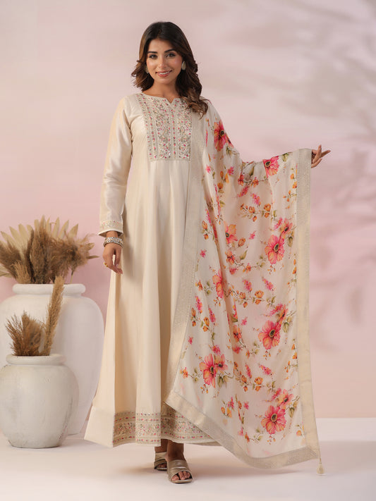 Solid Zari, Sequins & Resham Embroidered Gown with Floral Dupatta - Off White