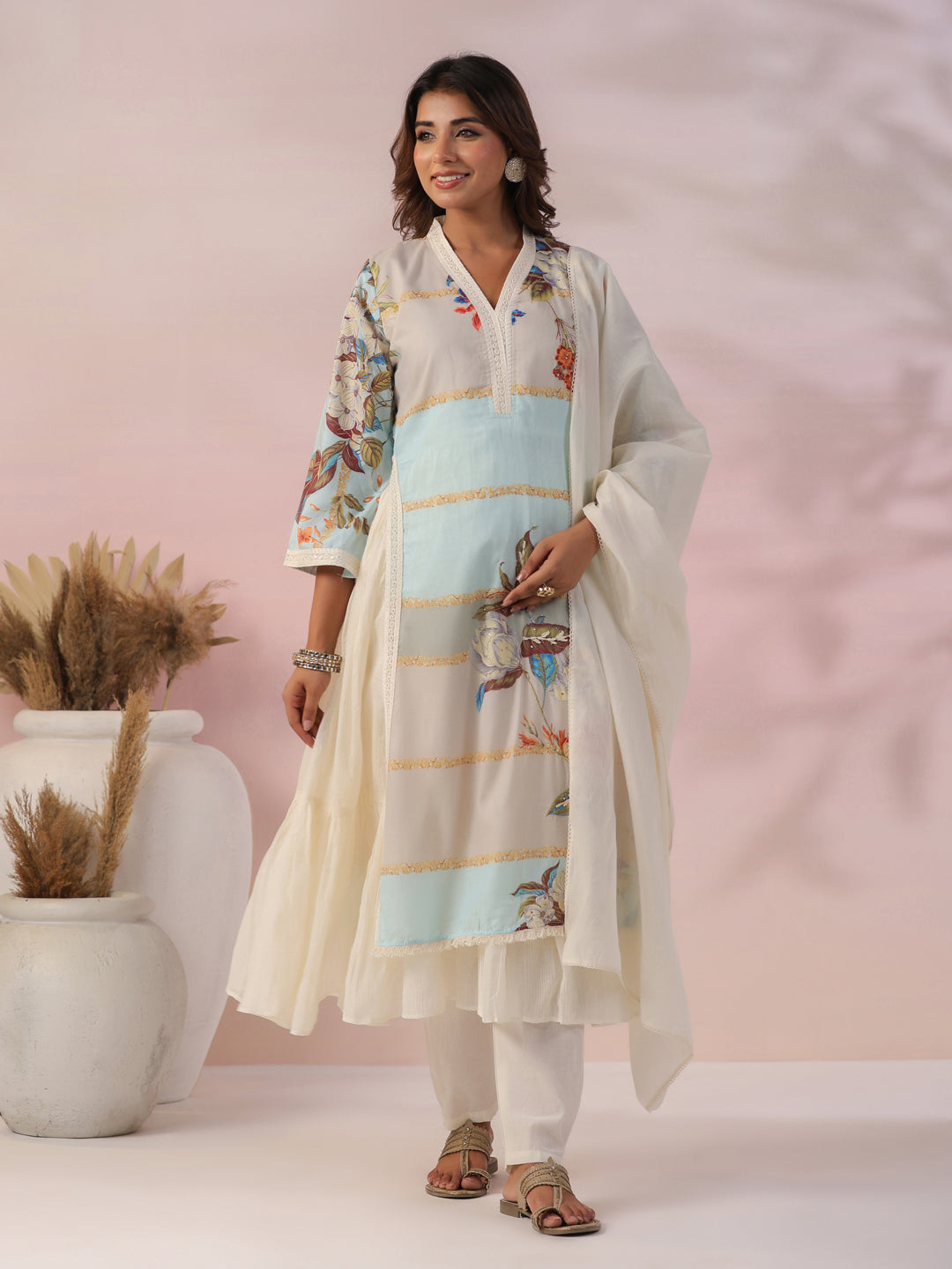 Floral Printed Zari Stones Embroidered Layered Kurta with Pants Du FASHOR