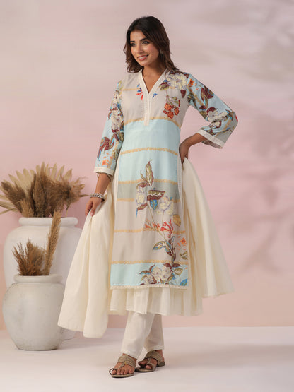 Floral Printed Zari & Stones Embroidered Layered Kurta with Pants & Dupatta - Multi & Off White