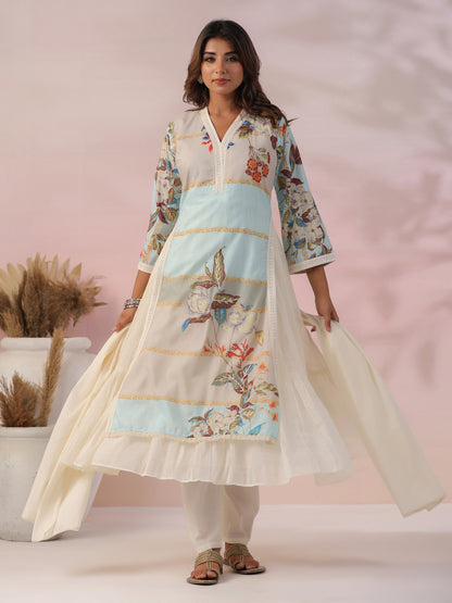 Floral Printed Zari & Stones Embroidered Layered Kurta with Pants & Dupatta - Multi & Off White