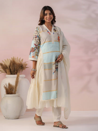 Floral Printed Zari & Stones Embroidered Layered Kurta with Pants & Dupatta - Multi & Off White