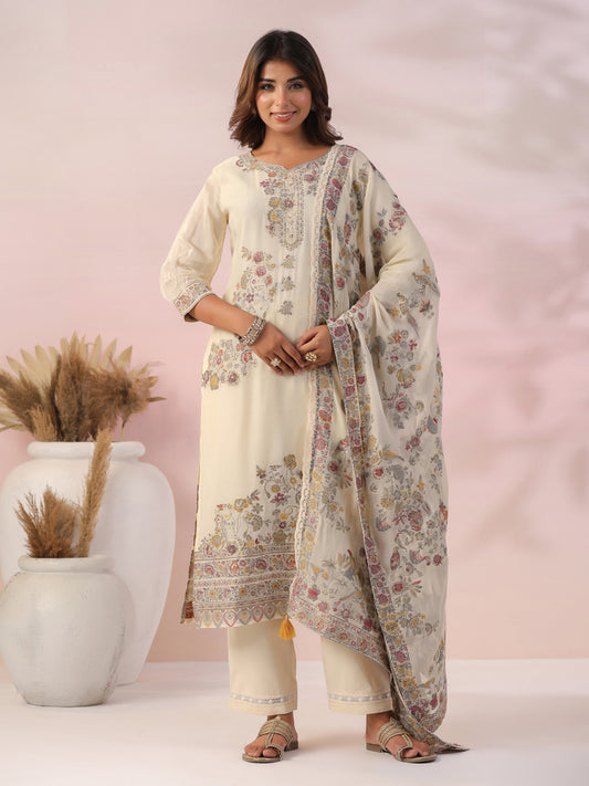 Ethnic Woven & Hand Embroidered Straight Kurta with Pant & Dupatta - Off White
