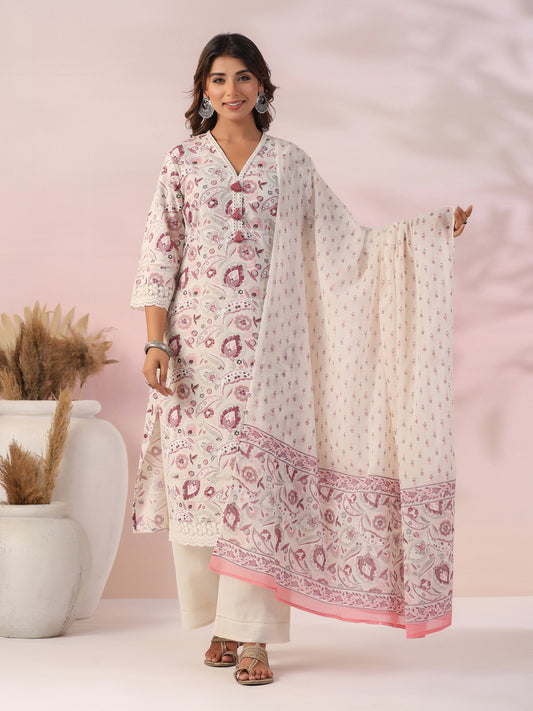 Floral Printed Mirror & Resham Embroidered Lace Work Kurta with Palazzo & Dupatta - Off White