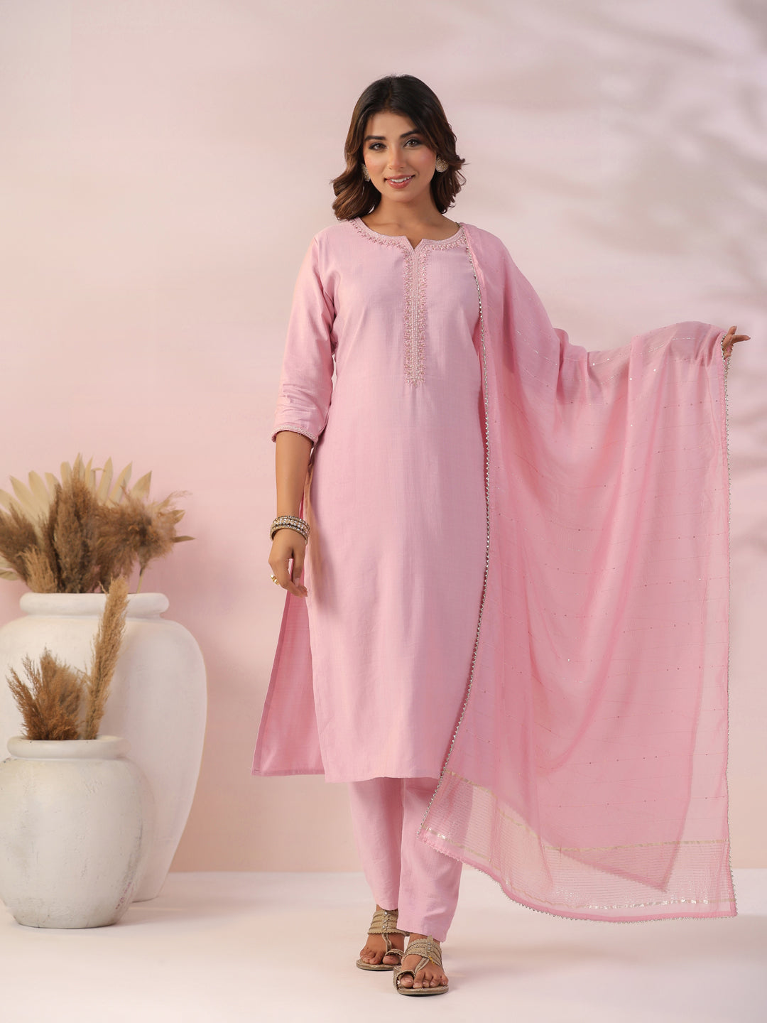 Solid Beads & Zari Embroidered Kurta with Pants & Woven Zari Striped Dupatta - Pink