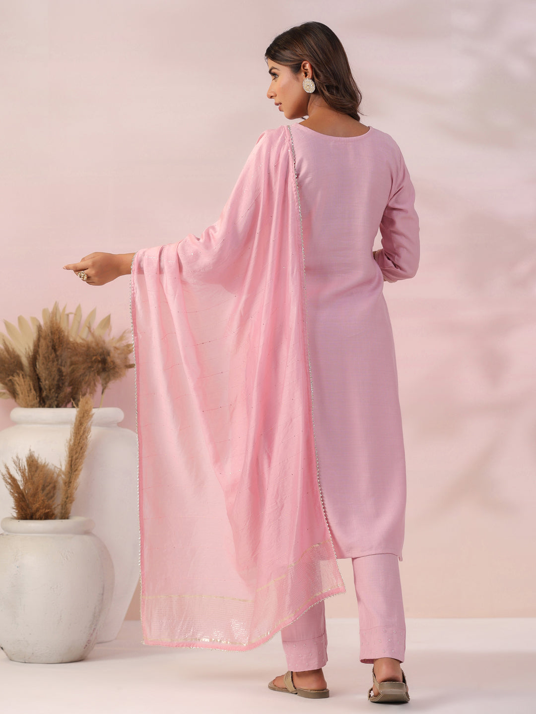 Solid Beads & Zari Embroidered Kurta with Pants & Woven Zari Striped Dupatta - Pink