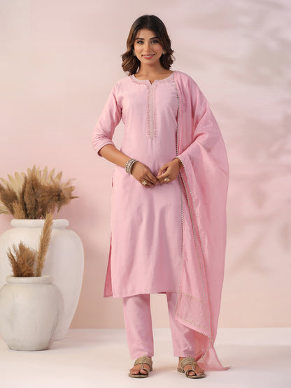 Solid Beads & Zari Embroidered Kurta with Pants & Woven Zari Striped Dupatta - Pink