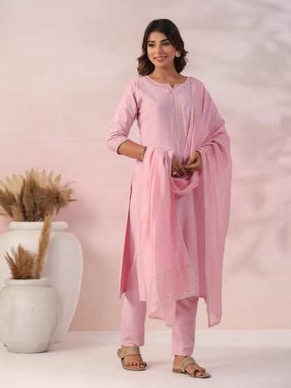 Solid Beads & Zari Embroidered Kurta with Pants & Woven Zari Striped Dupatta - Pink