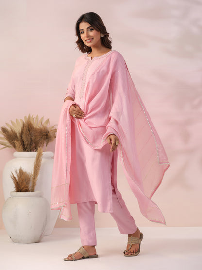 Solid Beads & Zari Embroidered Kurta with Pants & Woven Zari Striped Dupatta - Pink