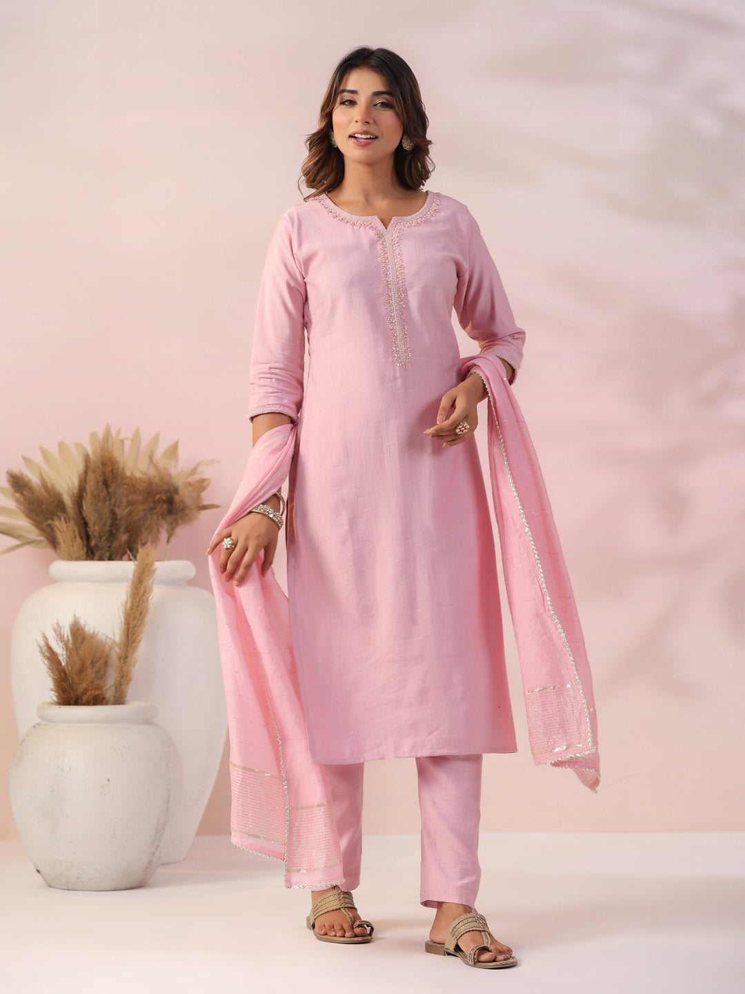 Solid Beads & Zari Embroidered Kurta with Pants & Woven Zari Striped Dupatta - Pink