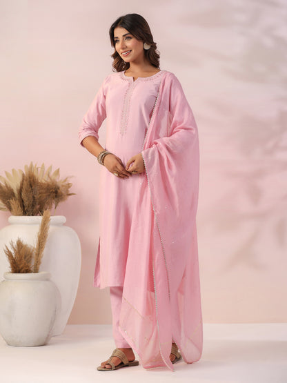 Solid Beads & Zari Embroidered Kurta with Pants & Woven Zari Striped Dupatta - Pink