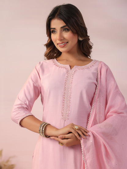 Solid Beads & Zari Embroidered Kurta with Pants & Woven Zari Striped Dupatta - Pink