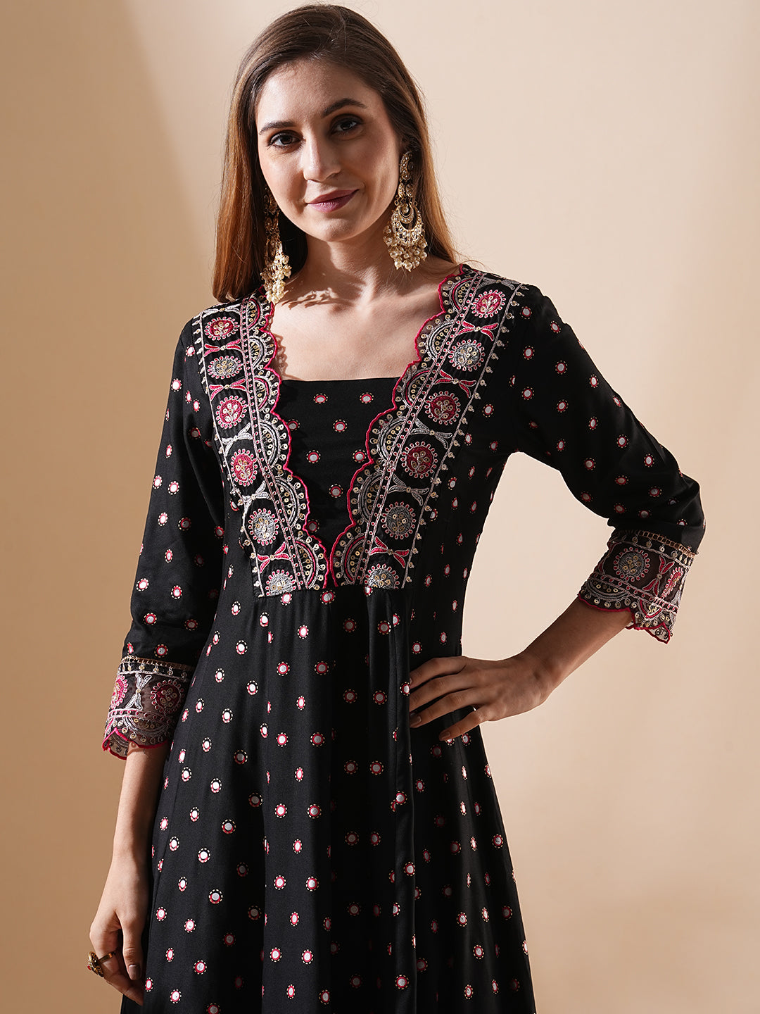 Ethnic Foil Printed & Embroidered A-Line Anarkali Maxi Dress - Black