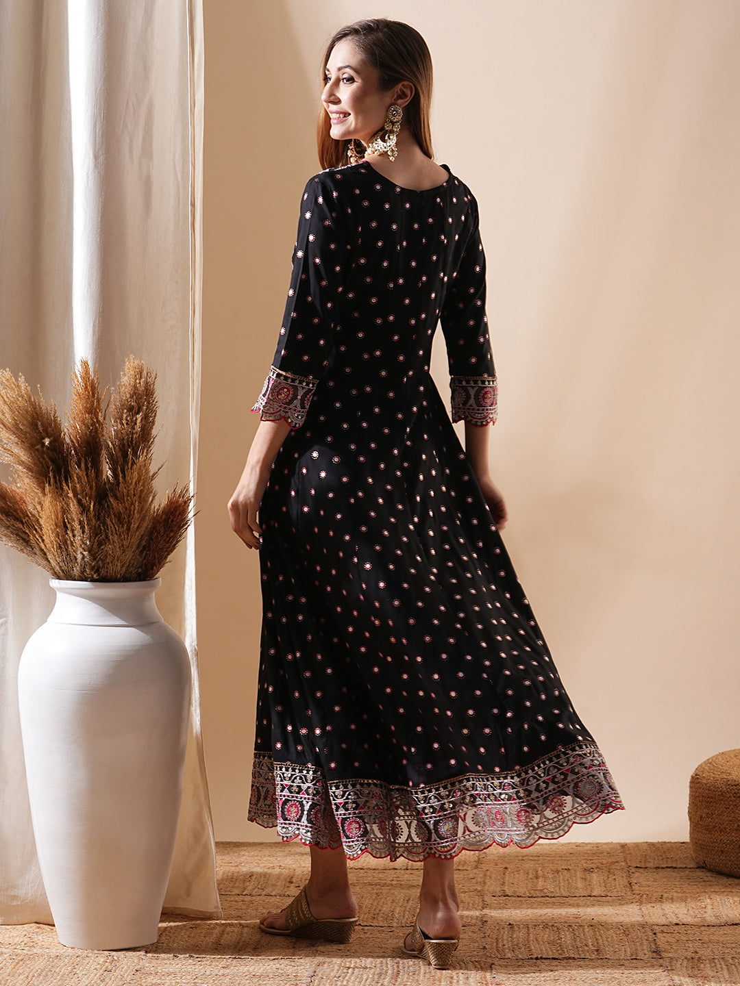 Ethnic Foil Printed & Embroidered A-Line Anarkali Maxi Dress - Black