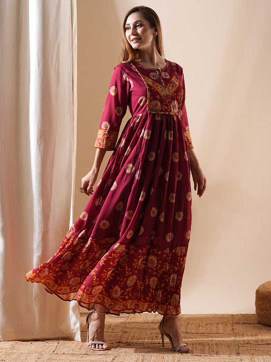 Floral Printed & Hand Embroidered A-Line Tiered Maxi Dress - Maroon