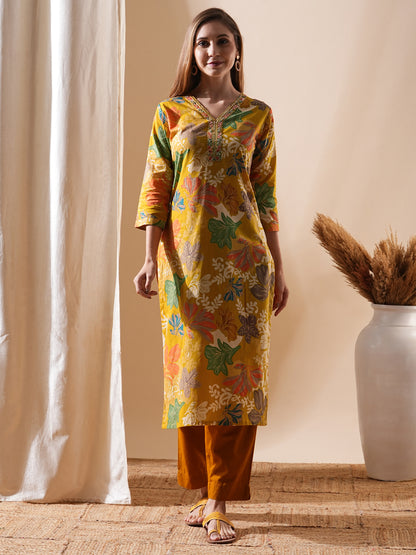 Floral Printed Mirror, Resham, Sequins & Zari Embroidered Kurta - Mustard & Multi