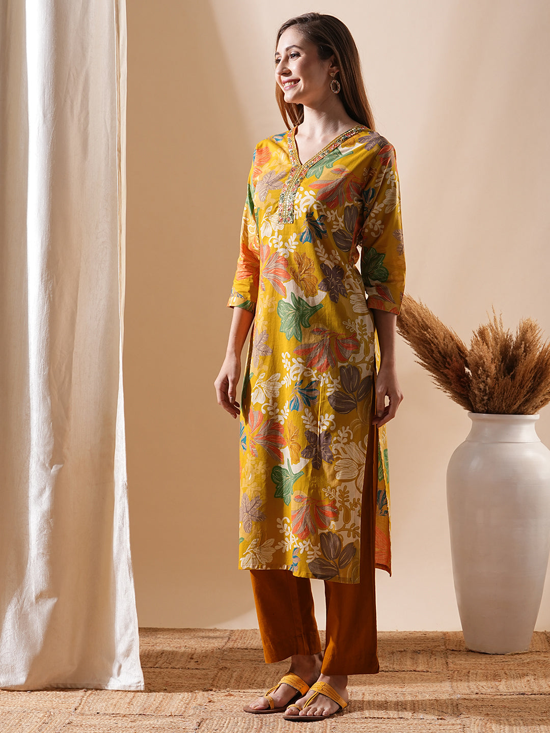 Floral Printed Mirror, Resham, Sequins & Zari Embroidered Kurta - Mustard & Multi