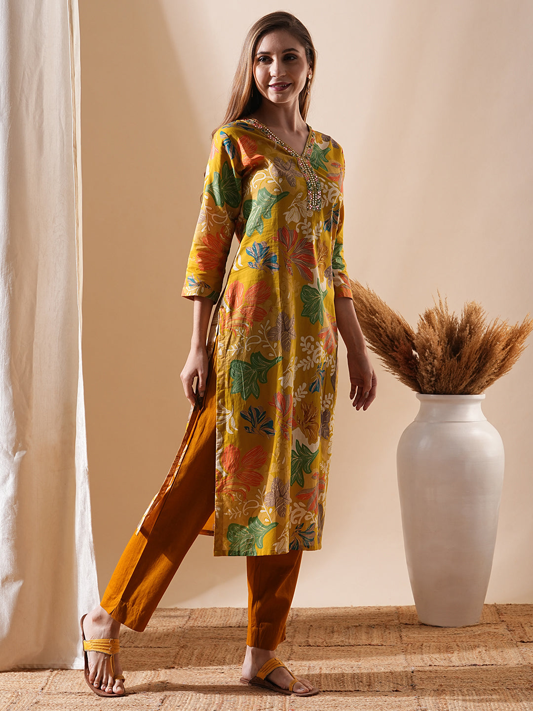 Floral Printed Mirror, Resham, Sequins & Zari Embroidered Kurta - Mustard & Multi