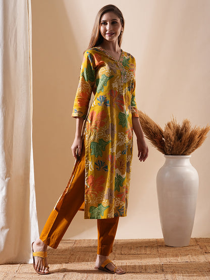 Floral Printed Mirror, Resham, Sequins & Zari Embroidered Kurta - Mustard & Multi