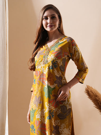 Floral Printed Mirror, Resham, Sequins & Zari Embroidered Kurta - Mustard & Multi