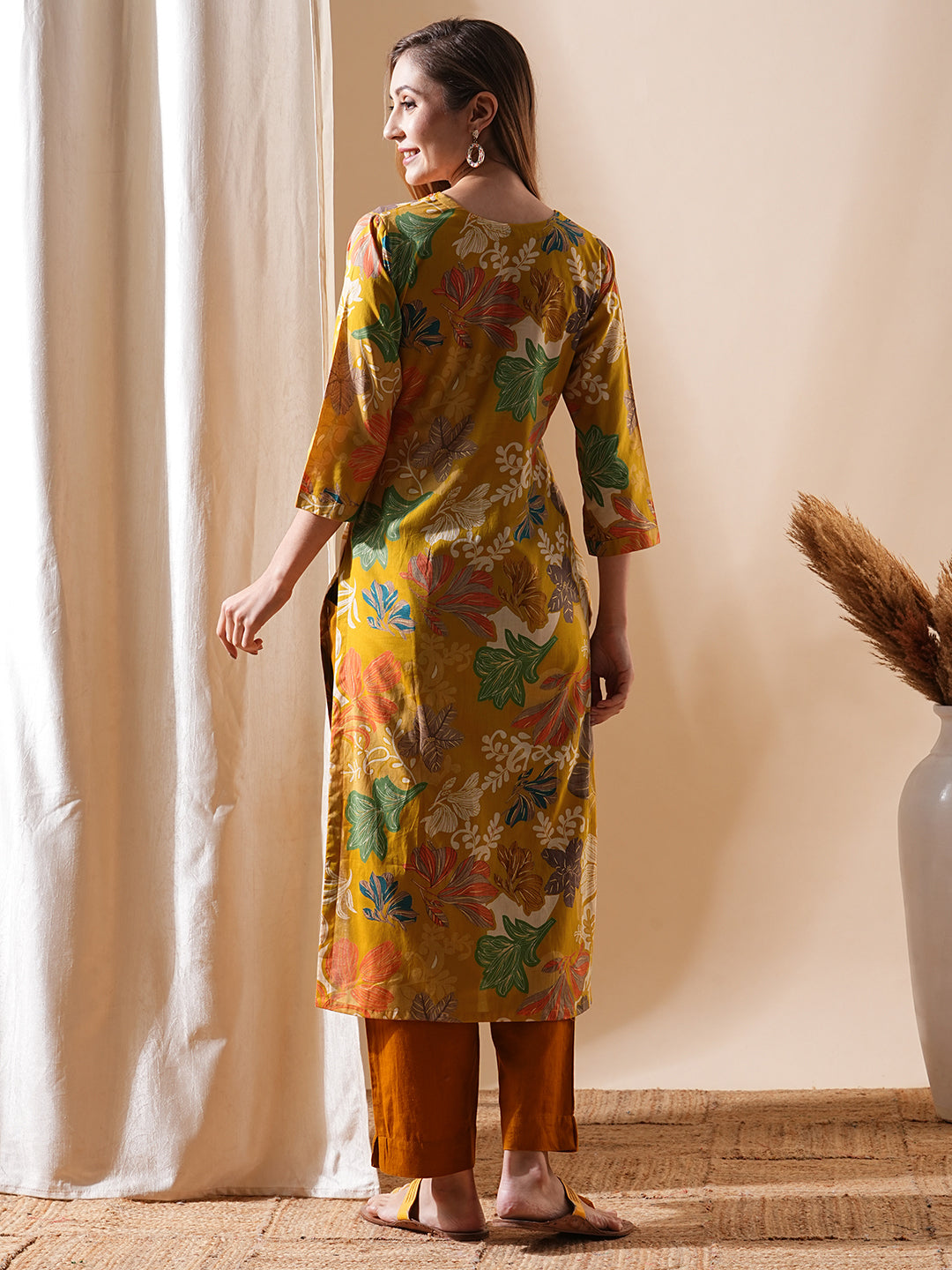 Floral Printed Mirror, Resham, Sequins & Zari Embroidered Kurta - Mustard & Multi