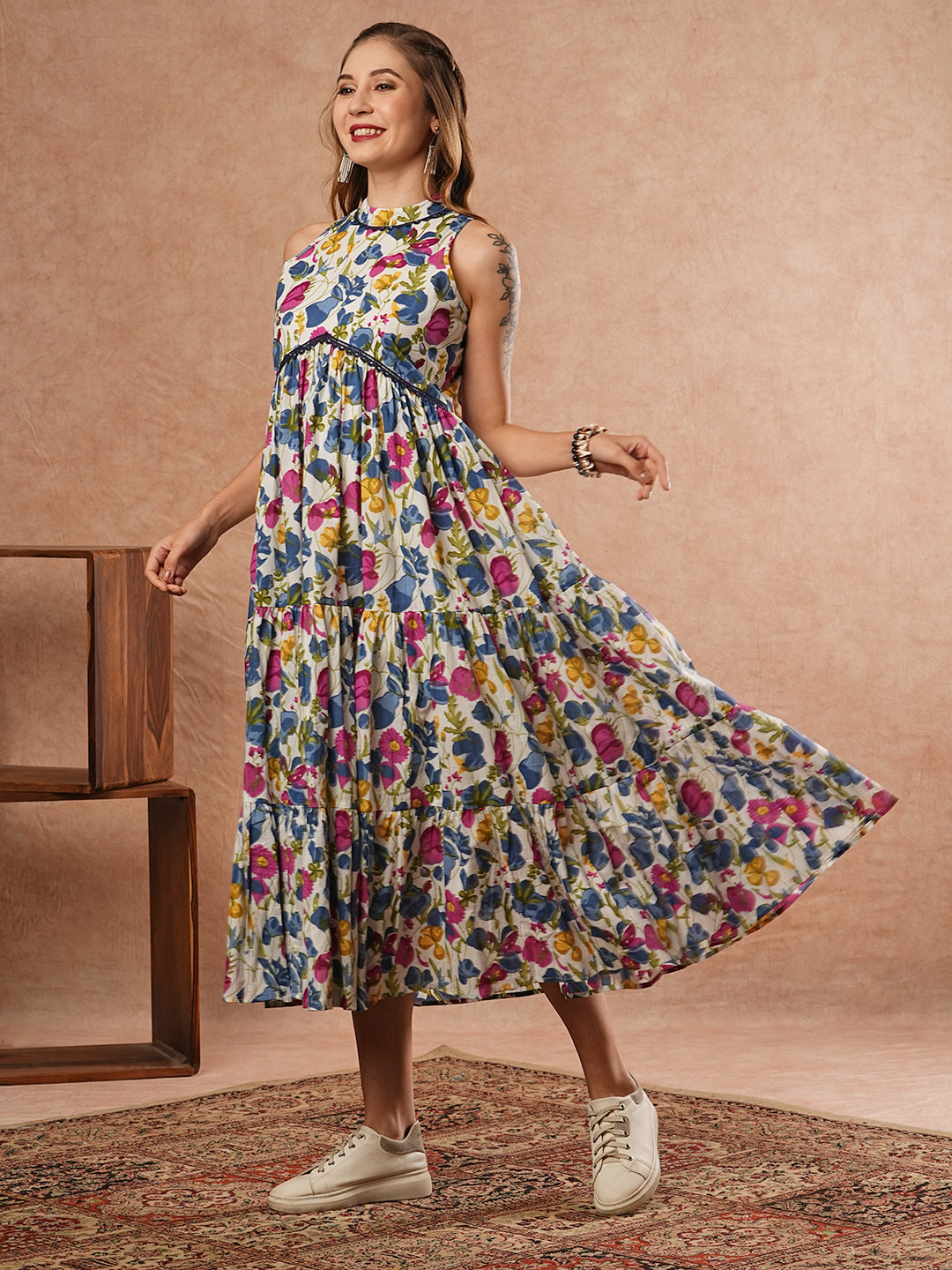 Abstract Floral Printed A-Line Tiered Midi Dress - Multi