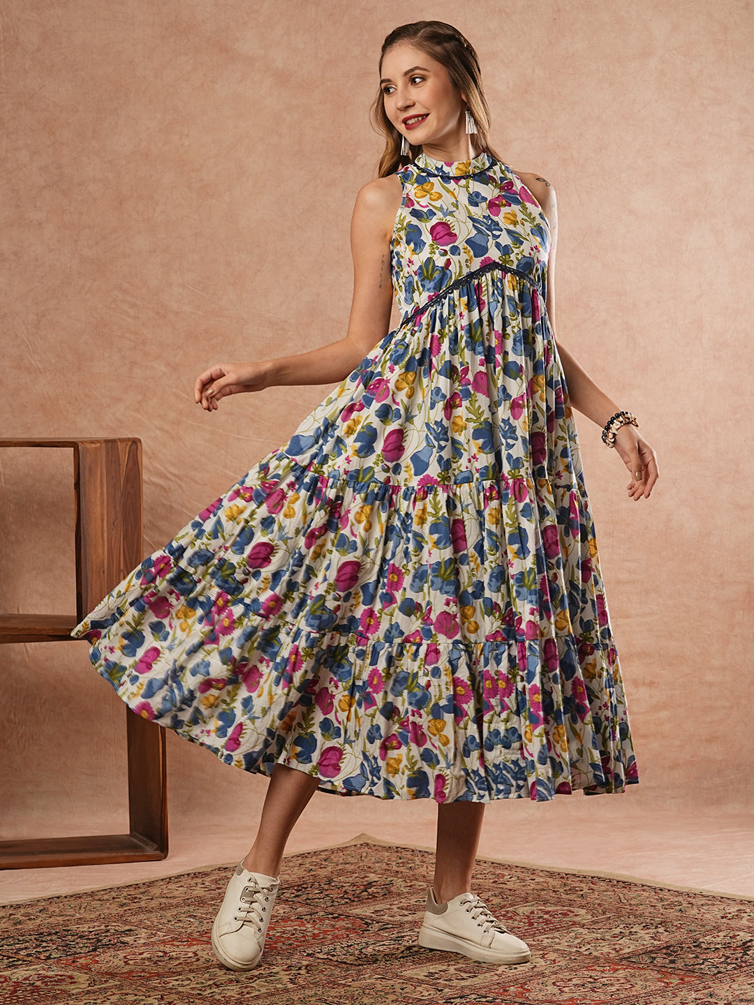 Abstract Floral Printed A-Line Tiered Midi Dress - Multi