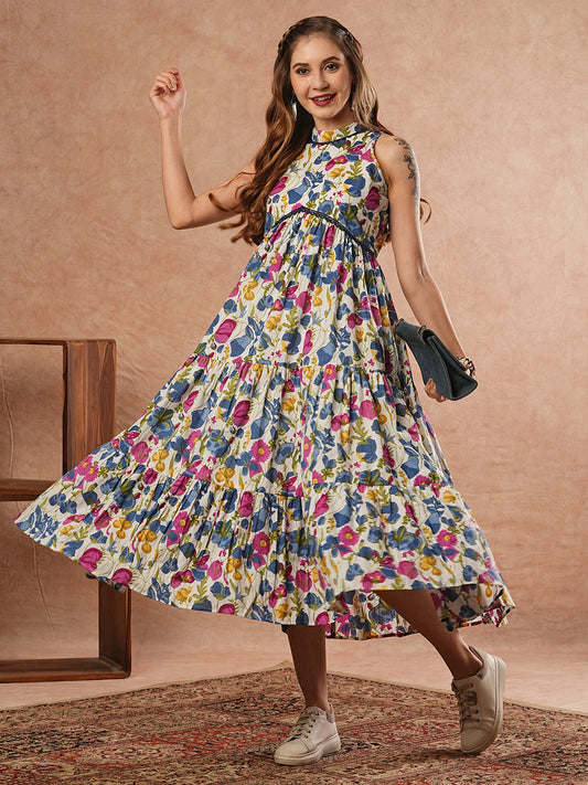 Abstract Floral Printed A-Line Tiered Midi Dress - Multi