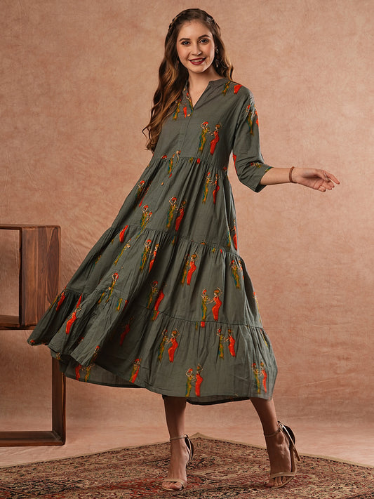 Kalighat Ethnic Printed A-Line Tiered Flared Midi Dress - Green