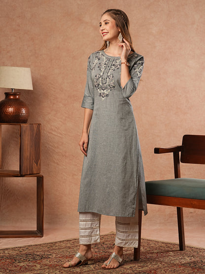 Solid Resham & Sequins Embroidered Kurta - Grey Melange