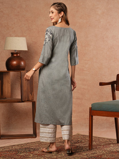 Solid Resham & Sequins Embroidered Kurta - Grey Melange