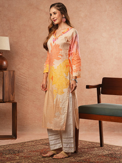 Abstract Printed Resham Embroidered Kurta - Peach & Multi