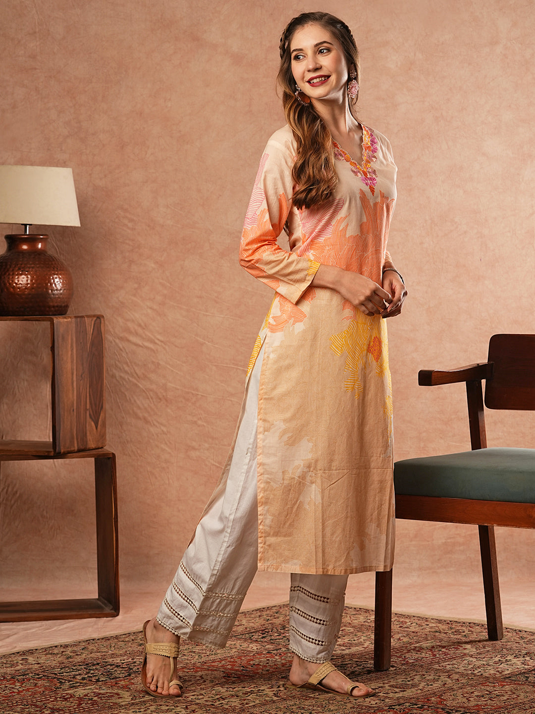 Abstract Printed Resham Embroidered Kurta - Peach & Multi