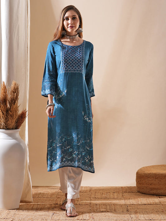 Ethnic Printed Sequins & Resham Embellished Kurta - Blue