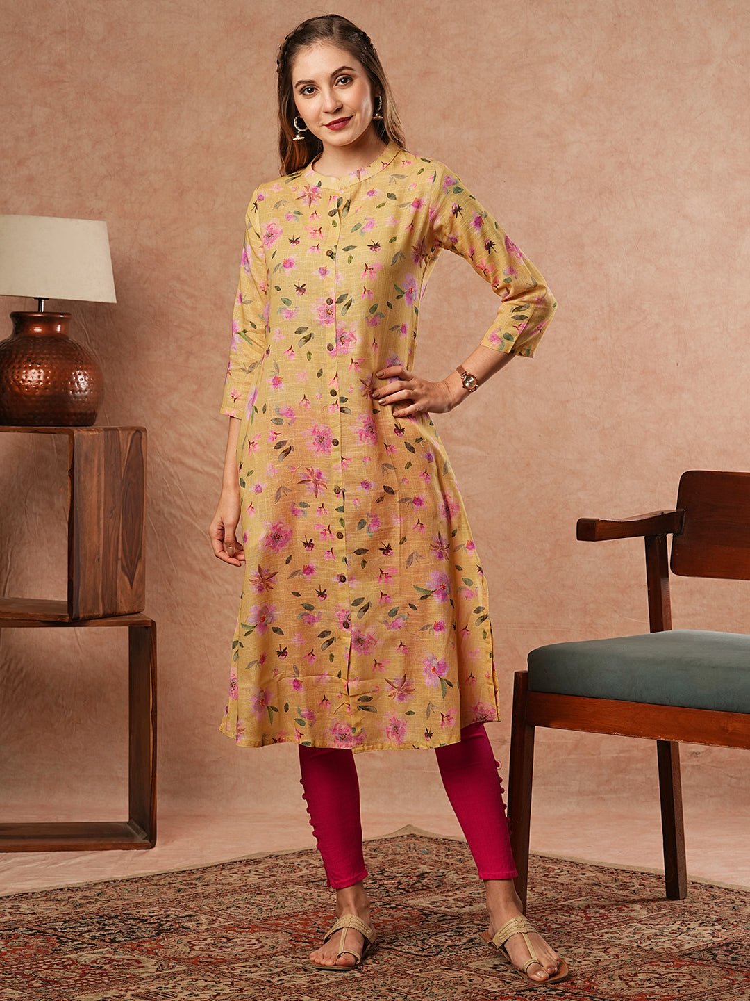 Vintage Floral Printed A-Line Kurta - Yellow